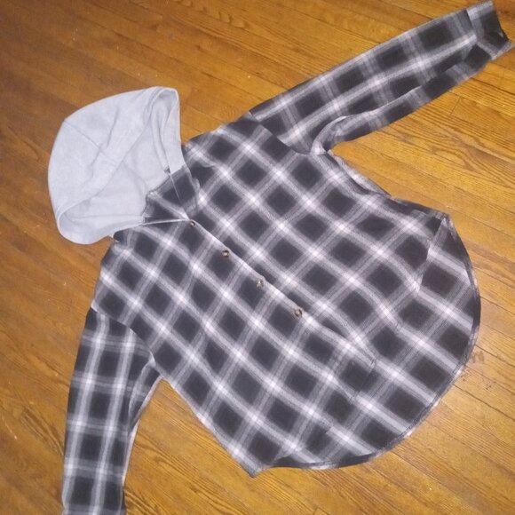 90s Vintage ShadowCheck Grunge Era cobain style Flannel with Hood - Picture 1 of 3